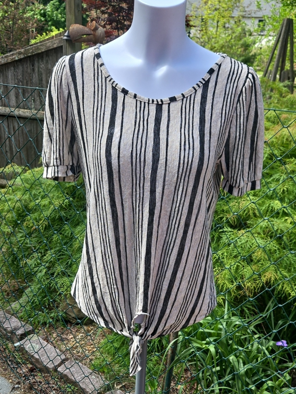 W5 Black & Cream Striped Tie-Front Crop Top